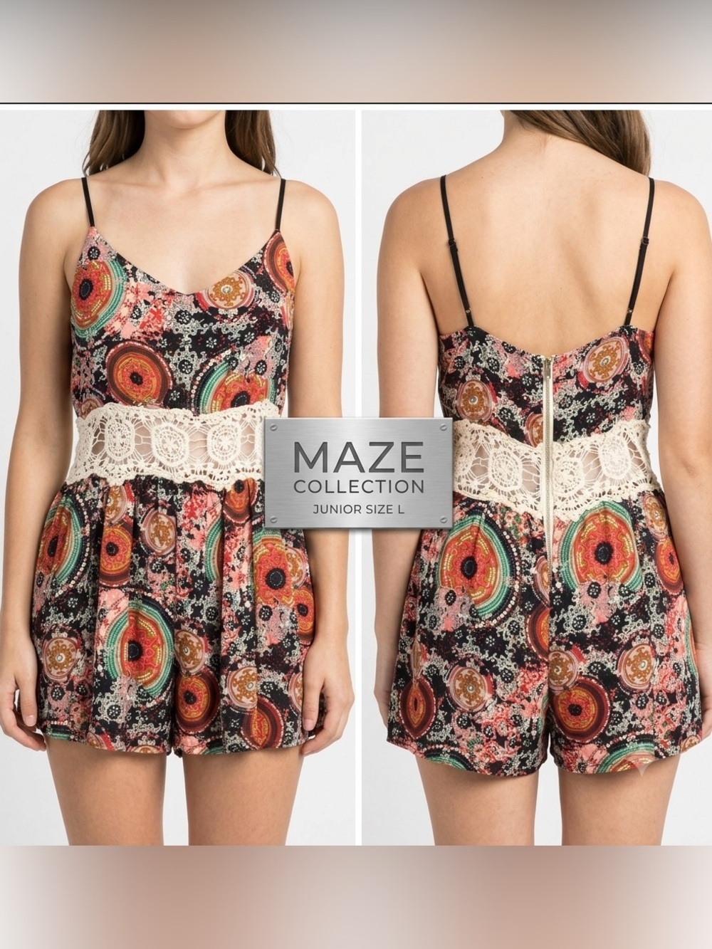 Maze Collection Crocheted Waist Floral Exposed Zipper Romper Large